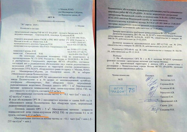 Акт о радиационном обследовании. Это обследование было 30 апреля 2019 года