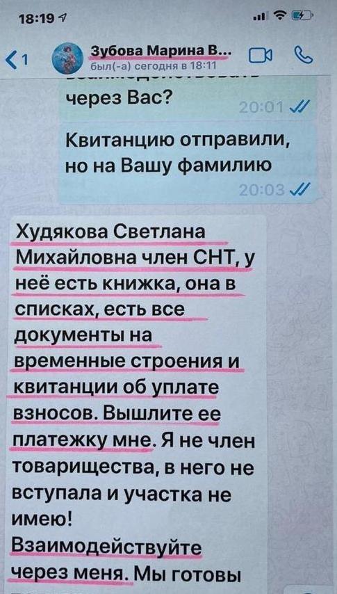 Скрин переписки с Мариной Зубовой