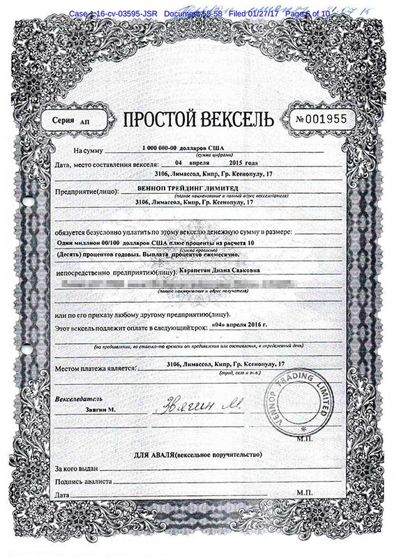 Вексель на один миллион долларов на имя Дианы Карапетян