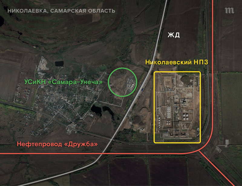 Узел Самара — Унеча находится через железную дорогу от Николаевского НПЗ и совсем рядом с нефтепроводом «Дружба»
